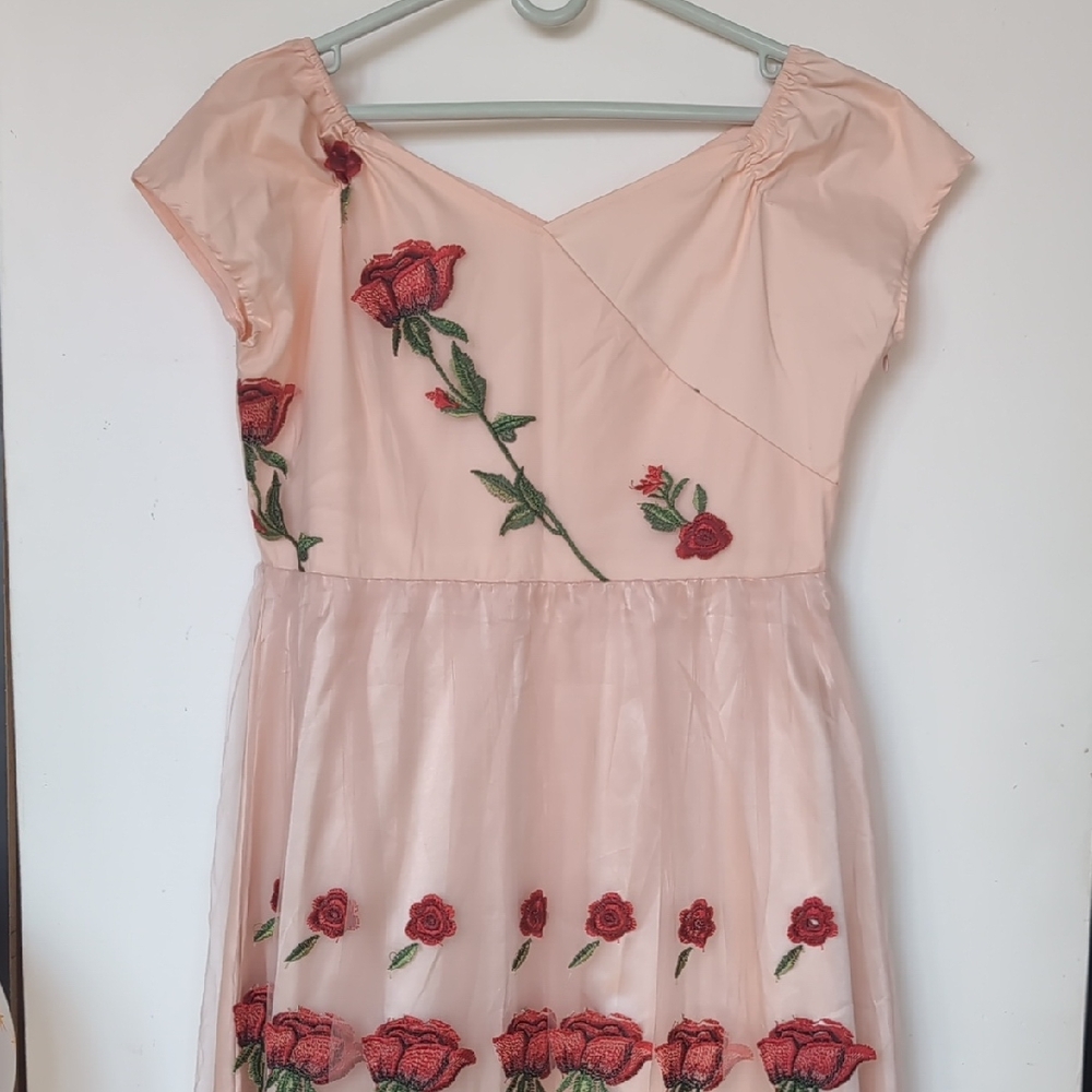 Blush Pink Rose-Embroidered Midi Dress